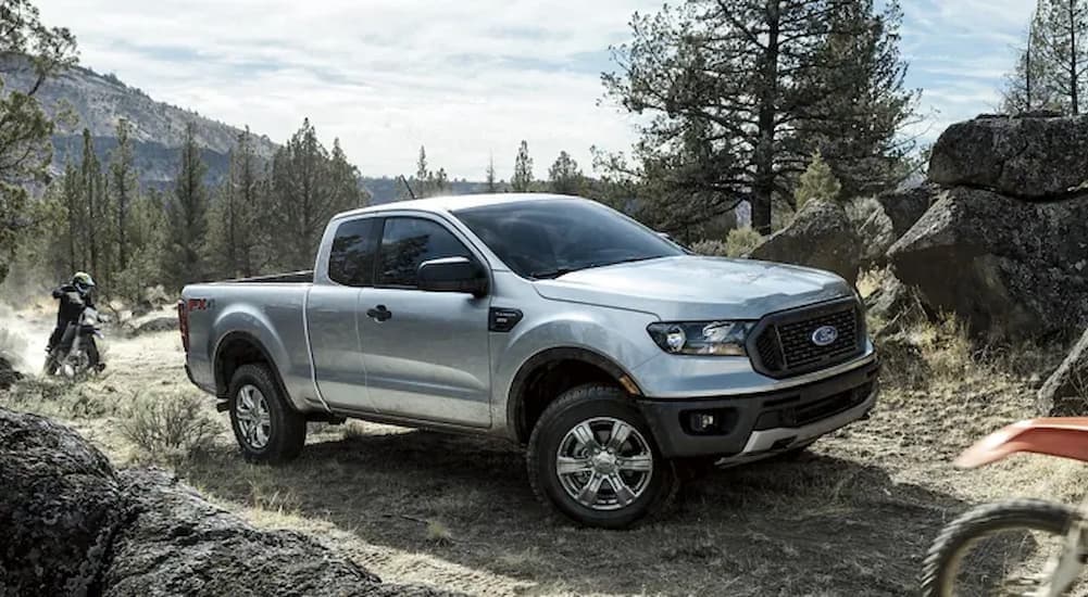 A silver 2023 Ford Ranger parked off-road.