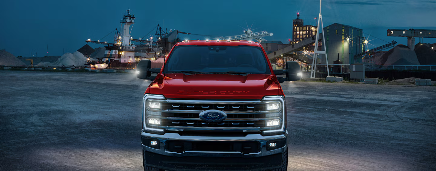 Red 2026 Ford F-450 parked head on